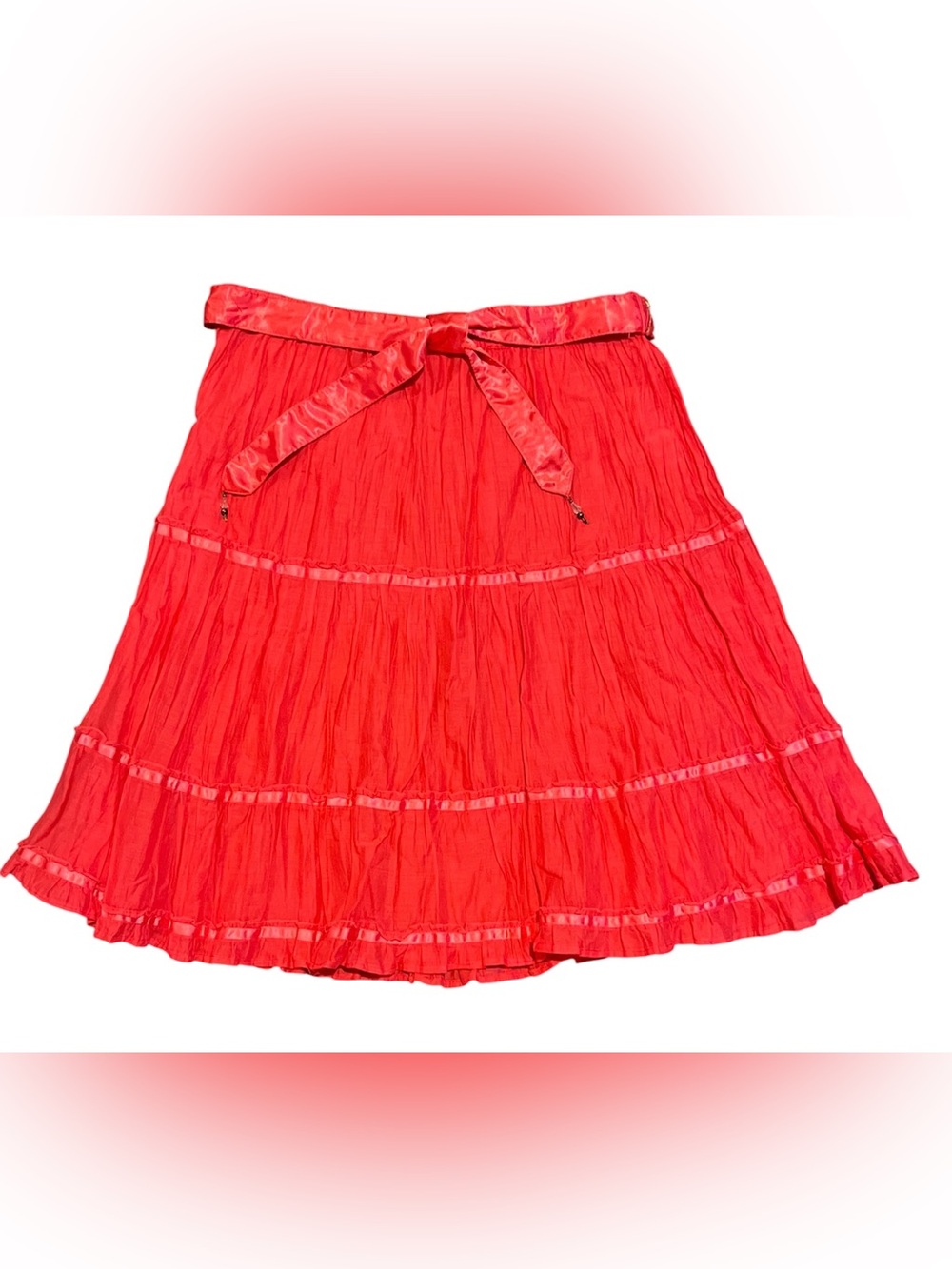 Vintage Y2K Hot Pink Crinkle Cotton Tiered Boho Skirt Satin Embellished Belt